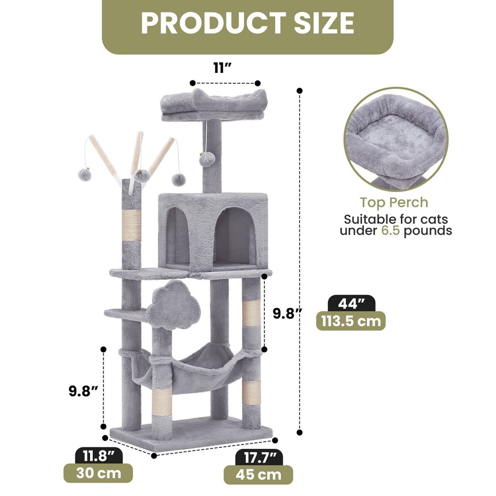 44" Cat Tree Tower, with Scratch Posts, Condo, Hammock, Toys, Light Gray