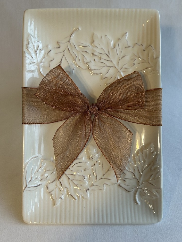 Hallmark Autumn Leaves Ceramic Platter Tray Rectangular Gold Ribbon Gift