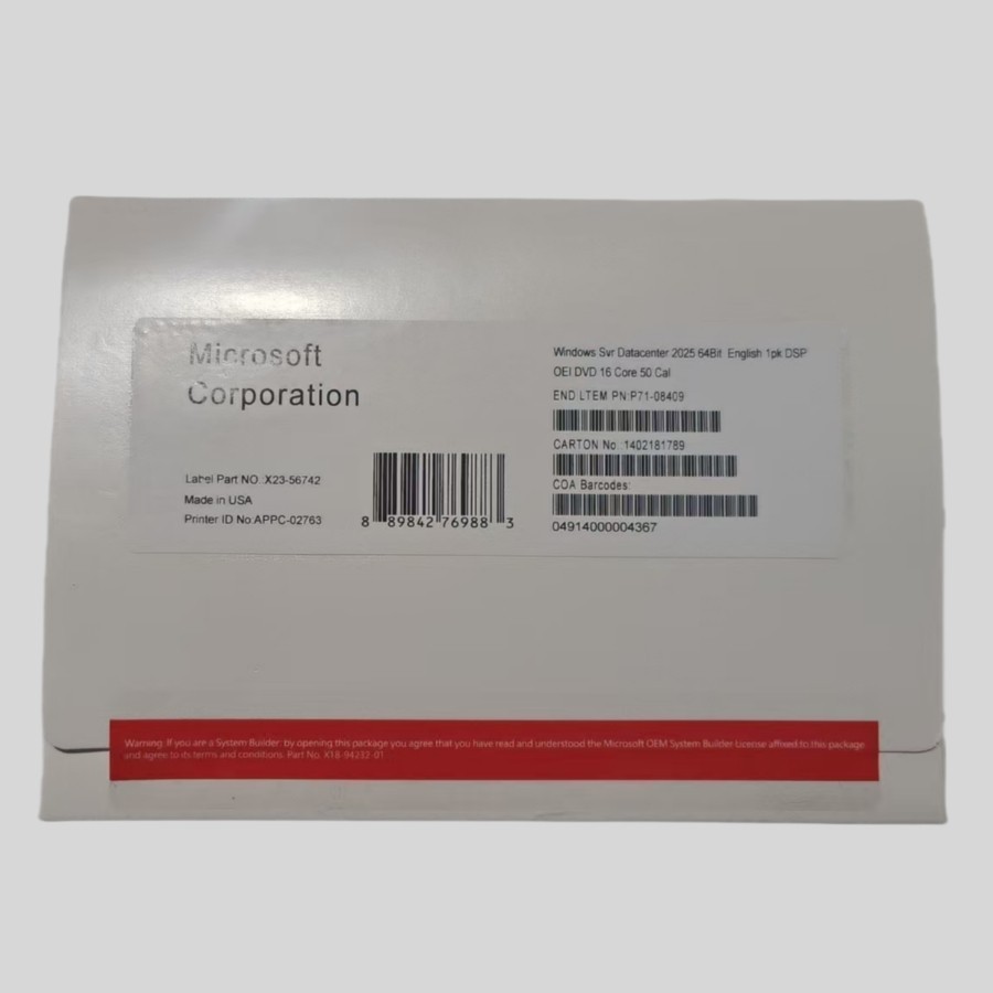 Microsoft Windows Server 2025 Datacenter 64Bit 16 Core 50 CALs DVD + Key Sealed