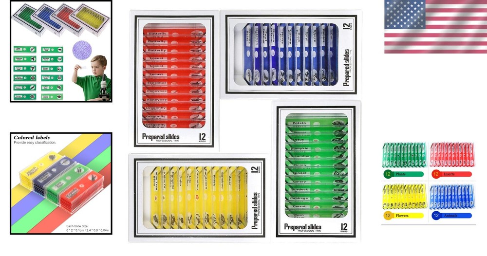 Comprehensive Microscope Slides for Children: 48pcs Animals, Plants & Insects