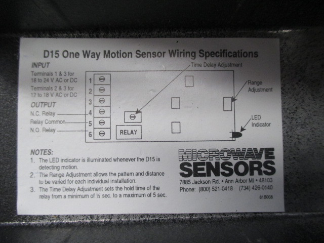 Microwave Sensors D15 D15WAL one way motion sensor