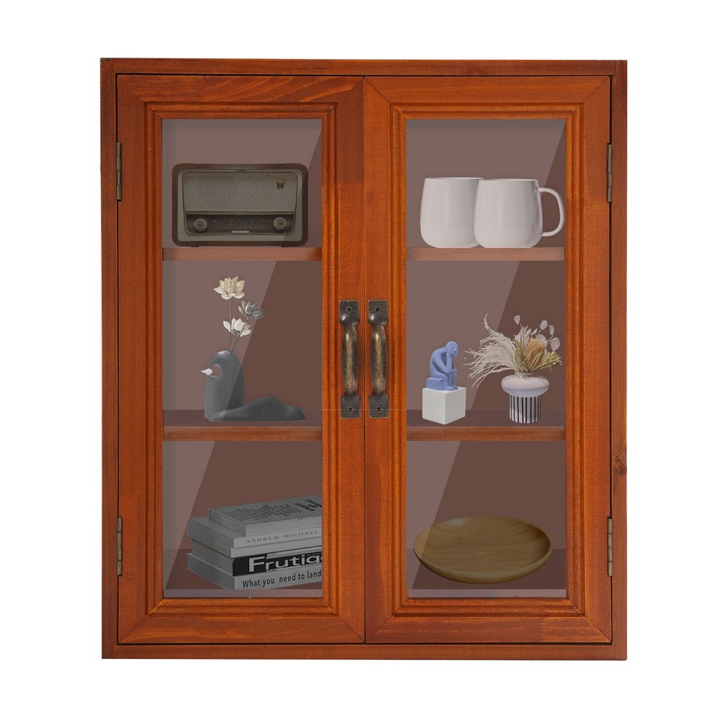 Brown Storage Cabinet 3 Tiers Solid Wood Storage Cupboards Rectangle Modern