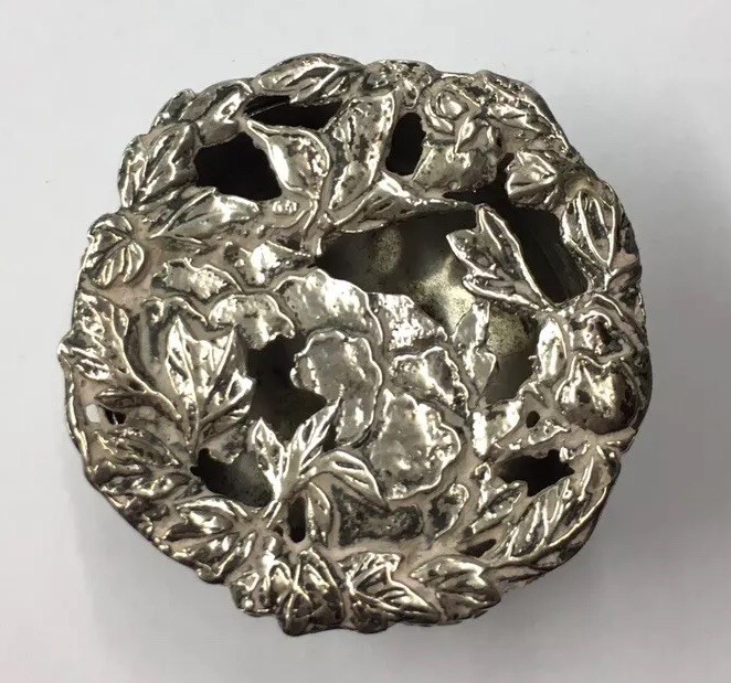 Antique 1908 Comyns & Sons Solid Silver Pill Box Floral Pierced Top