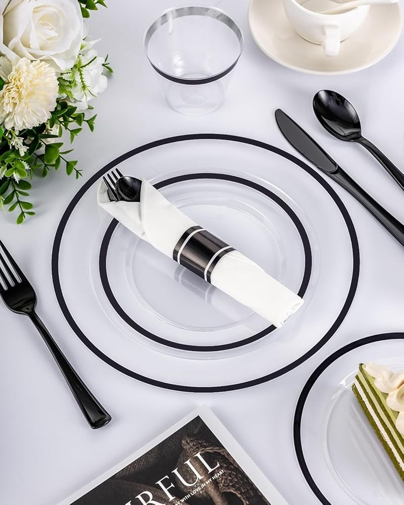 VIP Plastic Clear Bla Plates for Party, Disposable Dinnerware Set