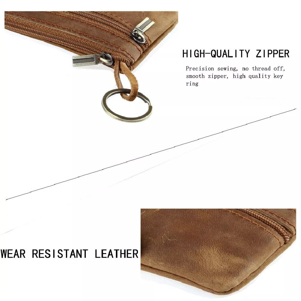 Brown Genuine Leather Small Coin Holder Change Purse Zipper Key Card Wallet