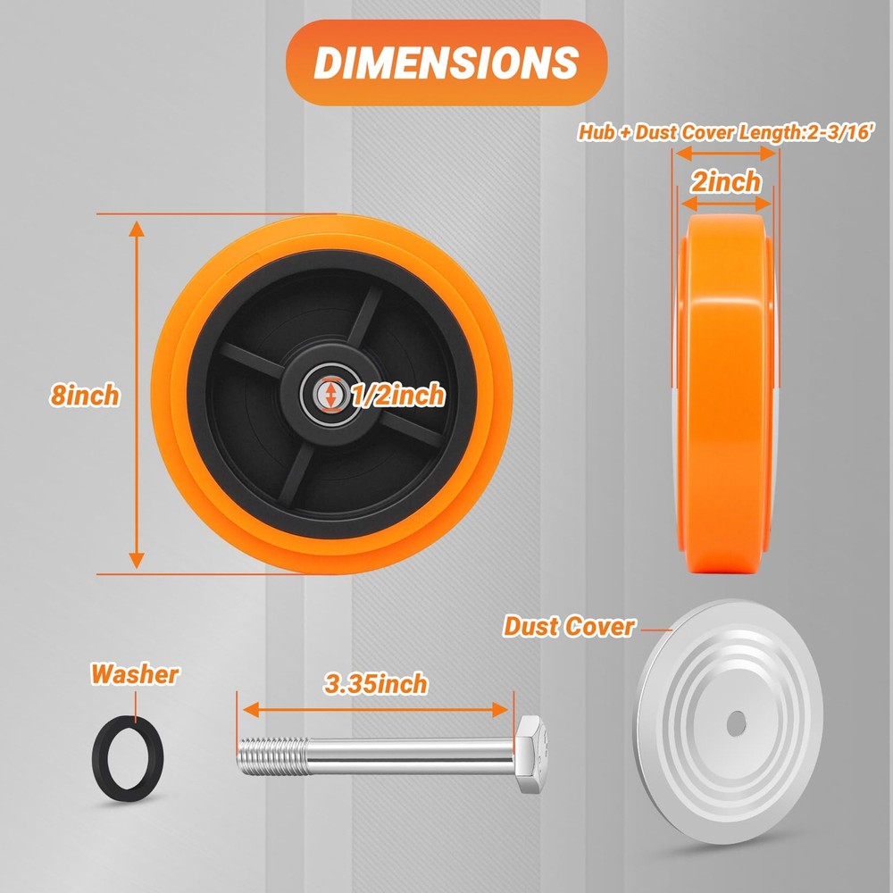 8'' x 2'' Inch Replacement Wheels, 1/2'' Bore Polyurethane on Polyolefin Core...