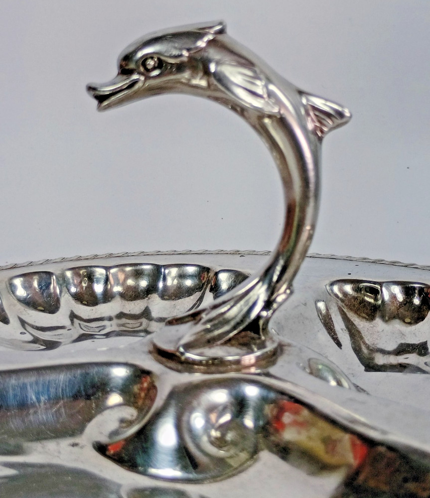 Vintage Canterbury Silverplate Tray Dolphin Motif Handle Three Sections 8 3/4"