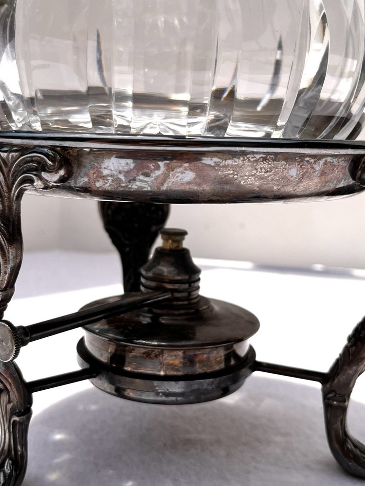 Vintage Cut Glass Pitcher Silverplate Stand Burner Grapes Pattern 11” Great