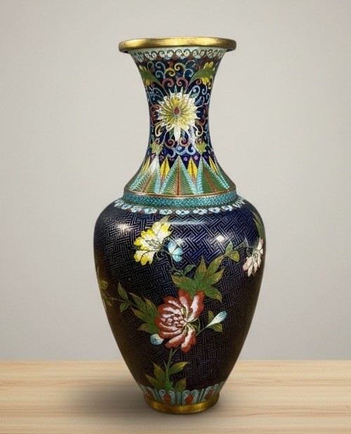 vintage Chinese cloisonné vase beautiful colors 12 “ tall Blue Gold