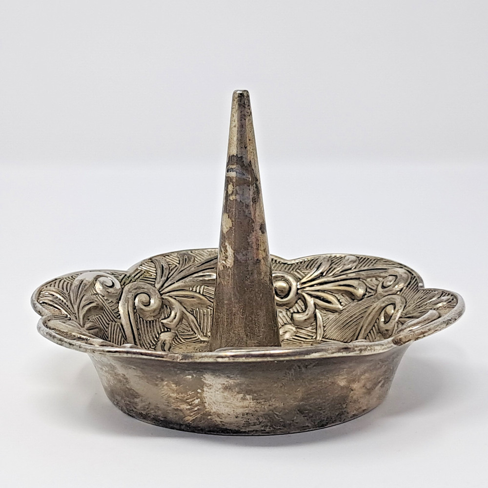 Godinger Silver Plated Ring Holder trinket dish 1992 petal scroll vintage