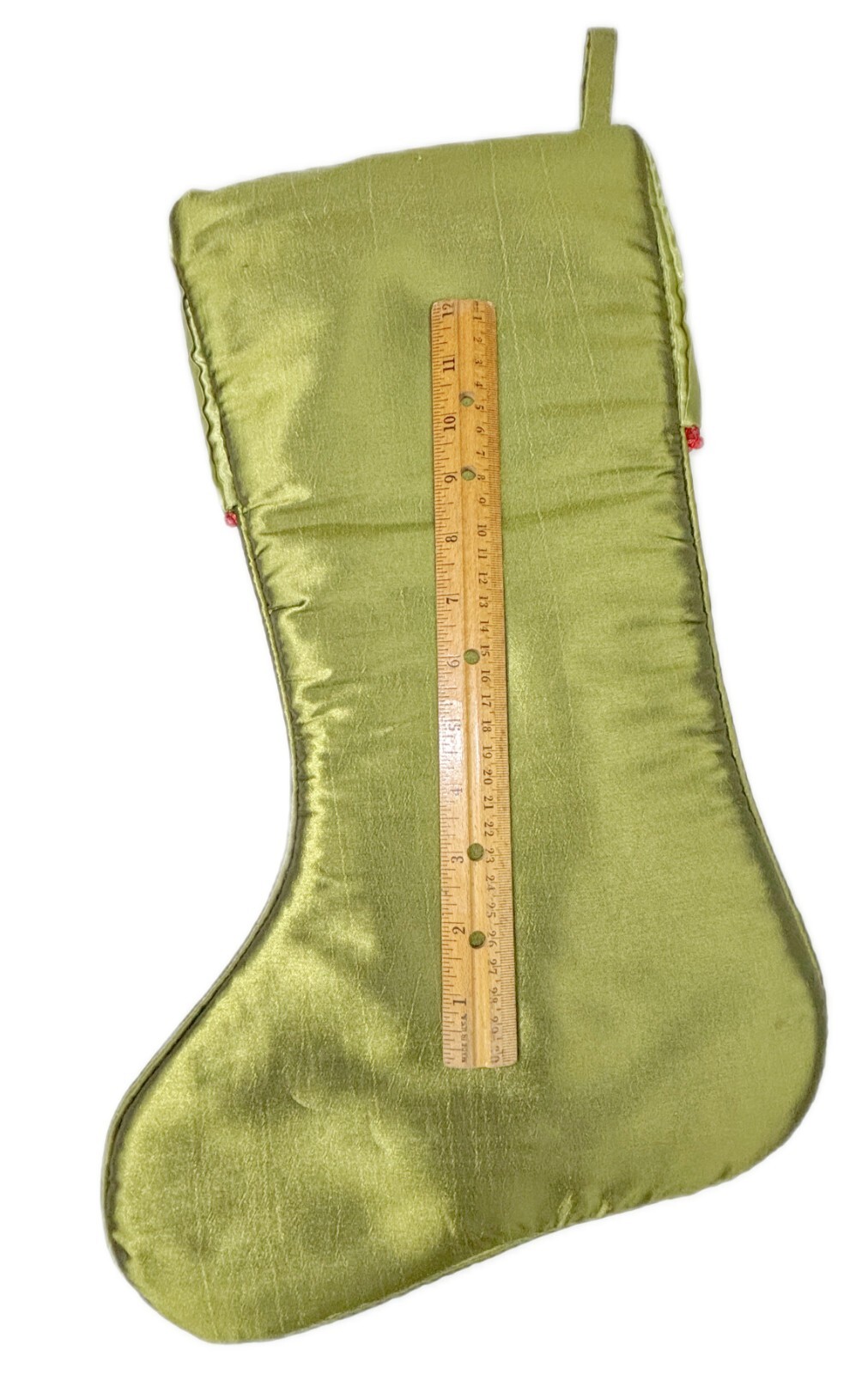 17” World Market Green Satin Christmas Stocking Floral Embroidery Beads