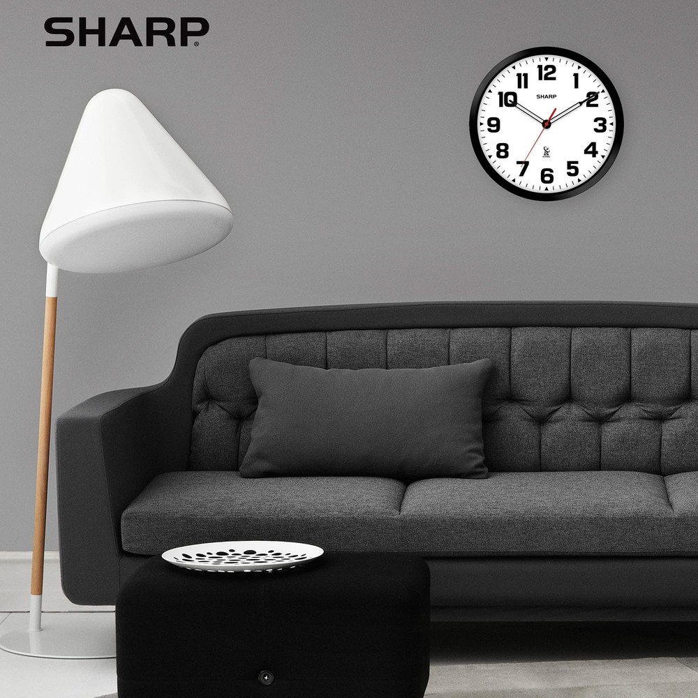 Sharp Atomic Analog Wall Clock - 12" Black Stylish Frame - Sets Automatically- B