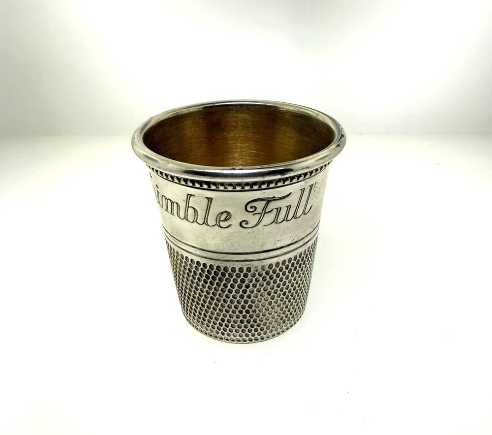 Antique Sterling Silver Thimble Cup “Only A Thimble Full” Gilt Interior