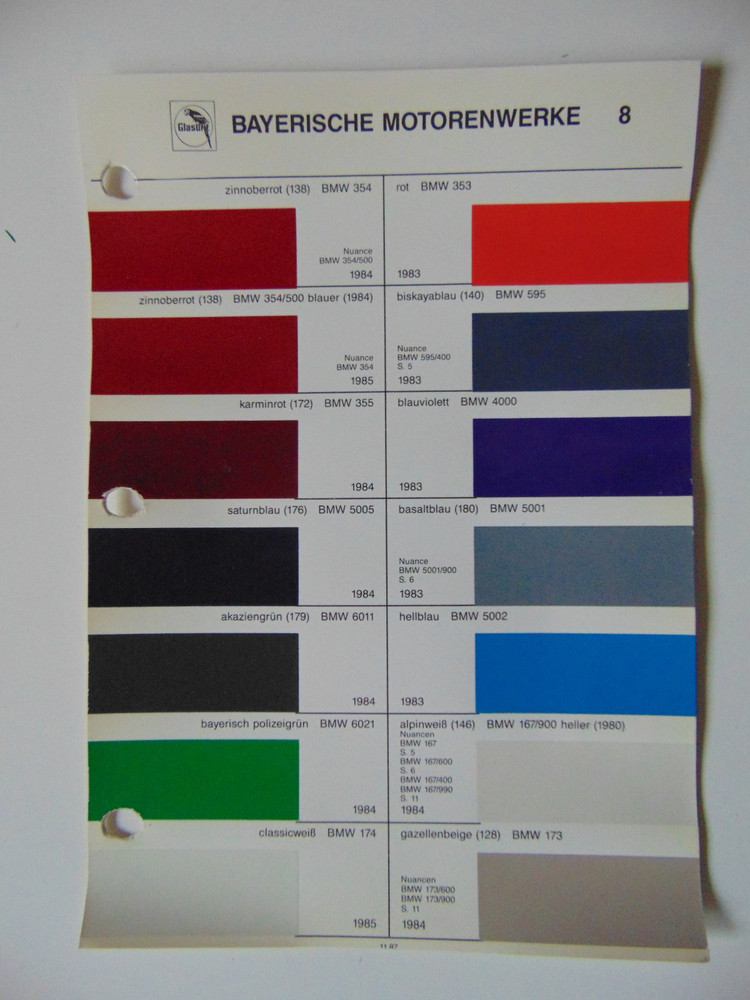 Original Glasurit BMW Paint Chips Sheet - 1983-1985