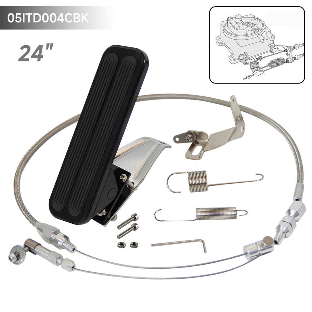 Floor Mount Gas Pedal + 24" SS Throttle Cable & Bracket Spring Set Street Rod
