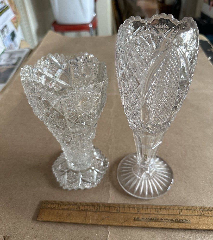 2 Antique EAPG Glass Vases Westmoreland Deep Cut Tarentum Harvard Yard Pattern