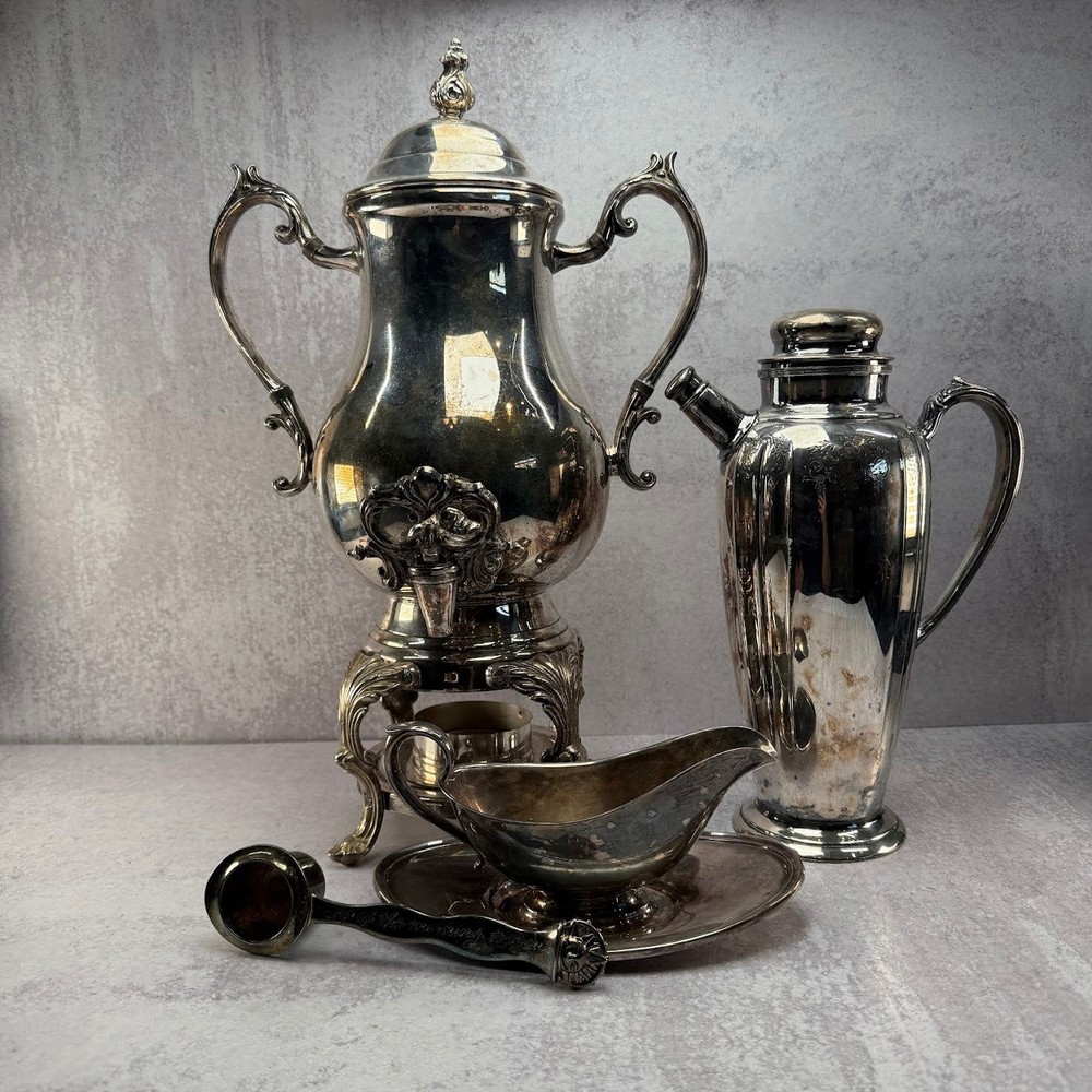 Antique 1883 FB Rogers Silver CO Tea Urn Pot Neiman Marcus Silver-plated 4 Set