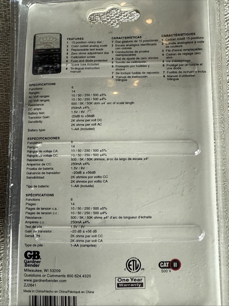 New GB Gardner Bender 6 Function, 14 Range, Analog Multimeter GMT-318