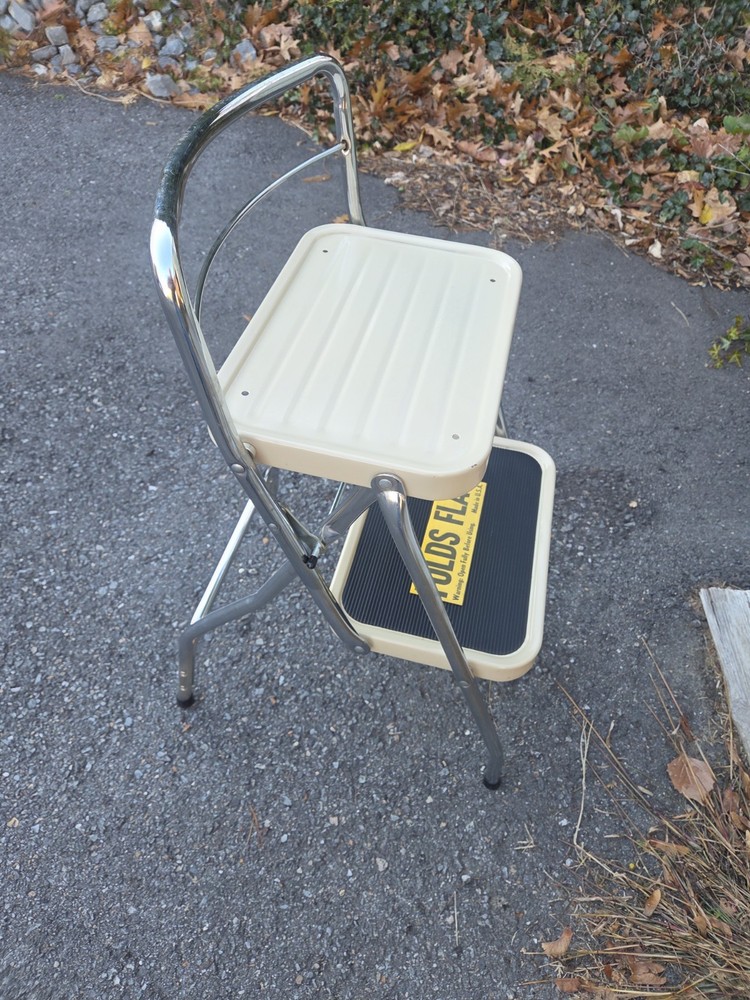 Vintage 1960s Folding Two Step Stool Chrome & Beige