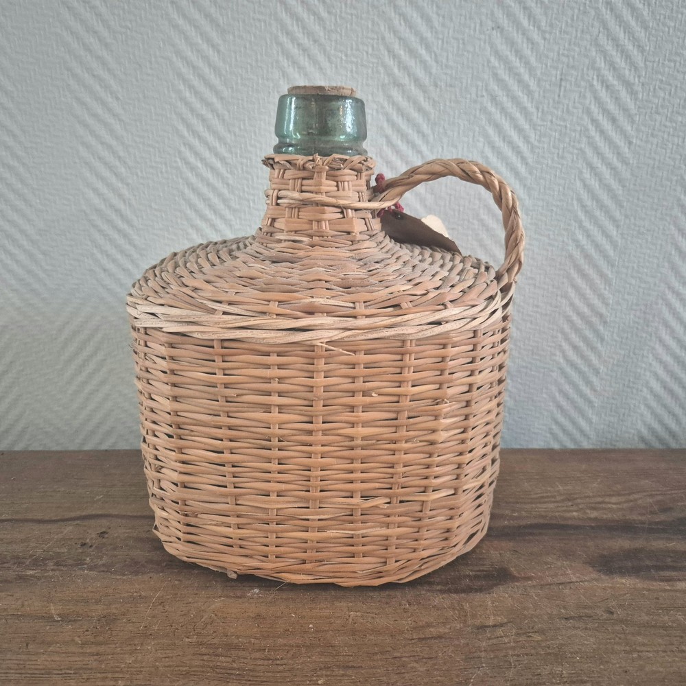 Vtg Wicker Wrapped Green Glass Empty Wine Bottle Handle
