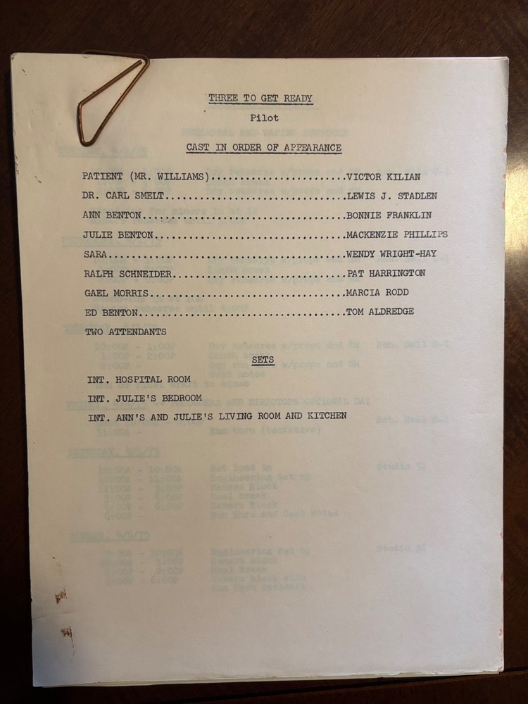 "One Day At A Time" Original Pilot Script (Re-titled from "Three to Get Ready"