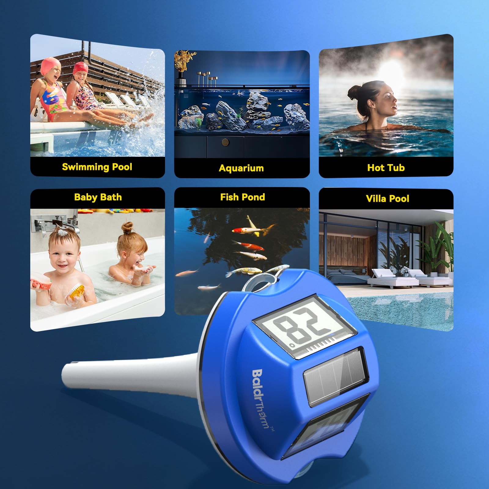 Pool Thermometer Solar Digital Floating, High Precision Large Screen Without ...