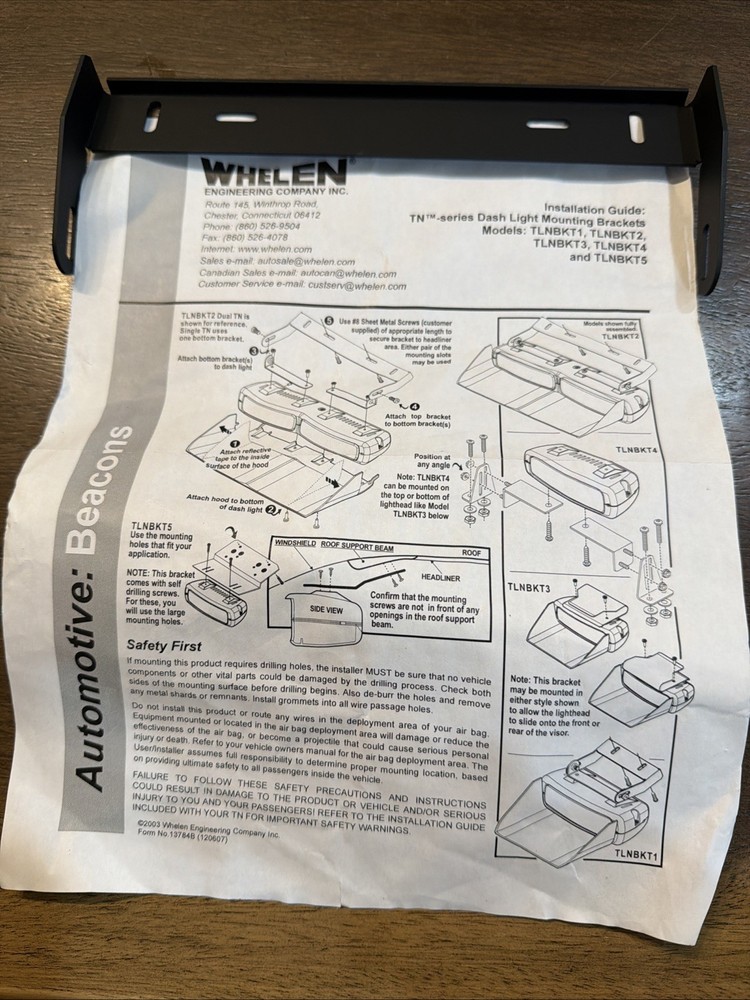 Whelen TLNBKT2 Mounting Headliner Bracket TN Series