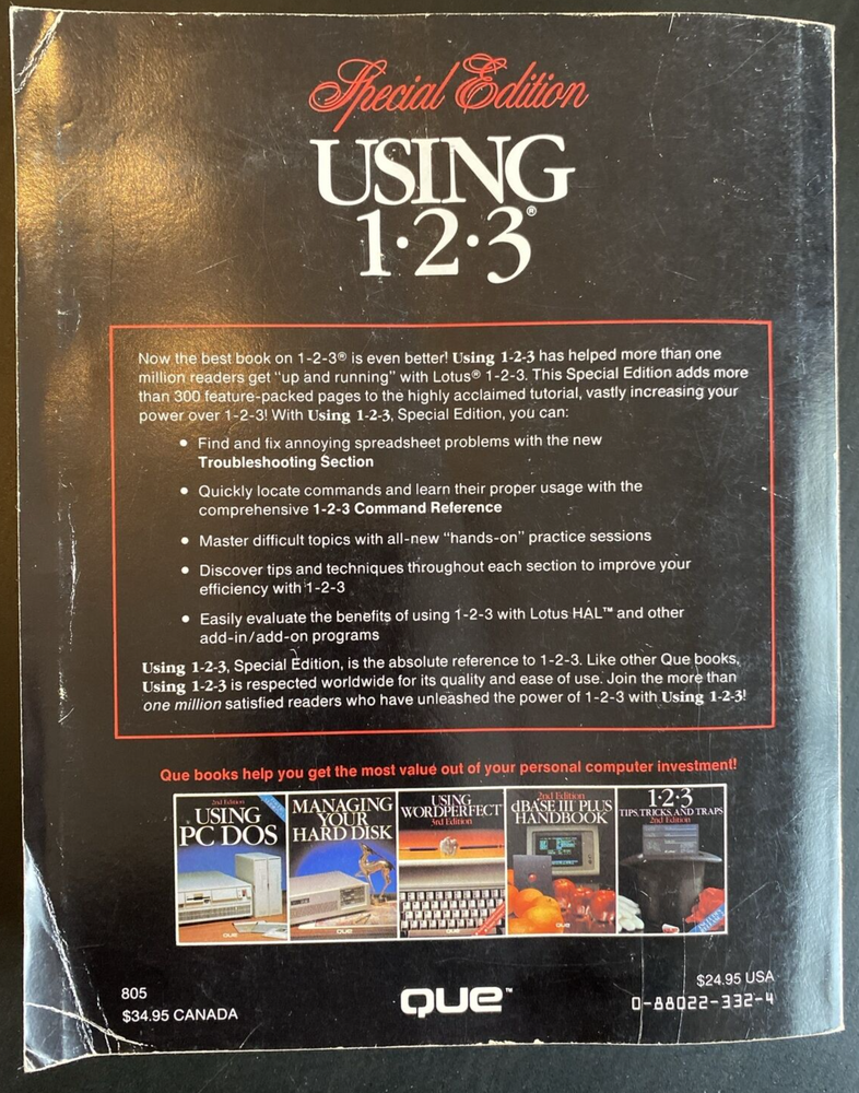 Vtg 1987 "USING 123 Special Edition" Spreadsht Manual Command Reference Card Que