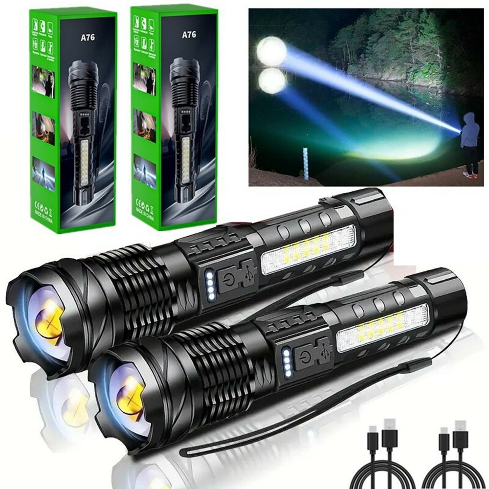 2Pack USB Rechargeable LED Flashlight Zoomable for Camping Hiking & Work