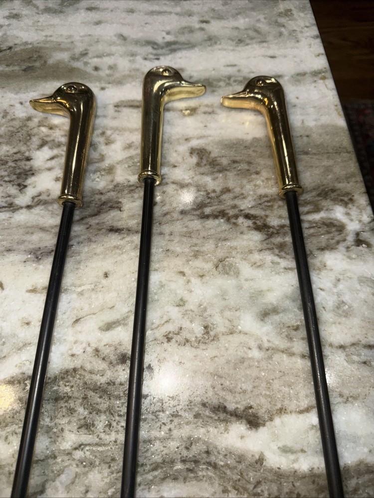 Brass Duck Head Fireplace Tools Vintage Excellent Condition