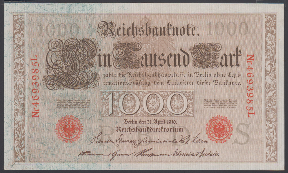 Germany  1000  Mark 1910  AU-UNC  P. 44b,   Banknotes, Uncirculated