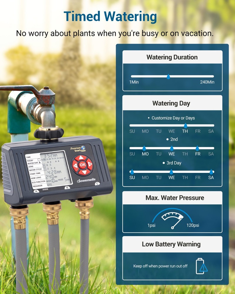 DEWENWILS Sprinkler Timer 3 Zone, 4 Programmable Water Hose Timer for Garden