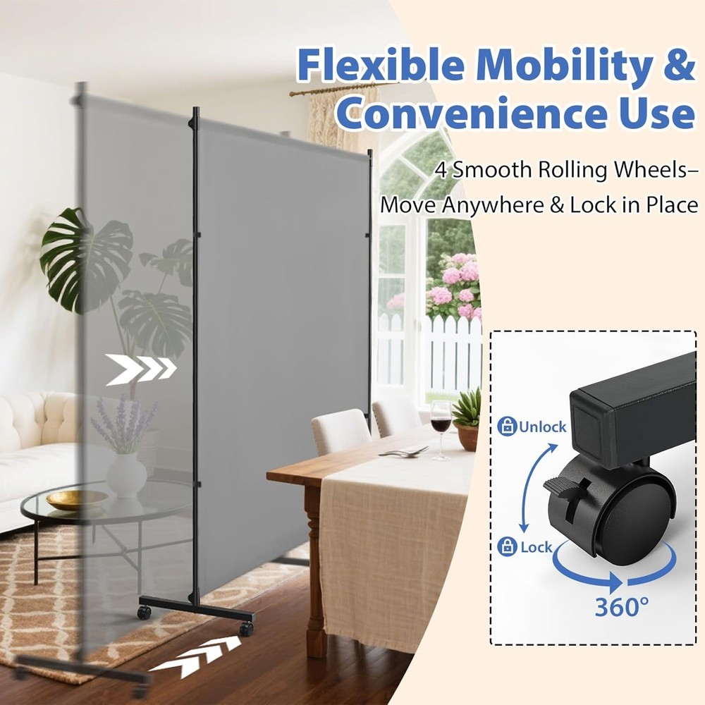 Room Divider 73x75inch Large Privacy Screen W/ Wheels,Portable Single Panel