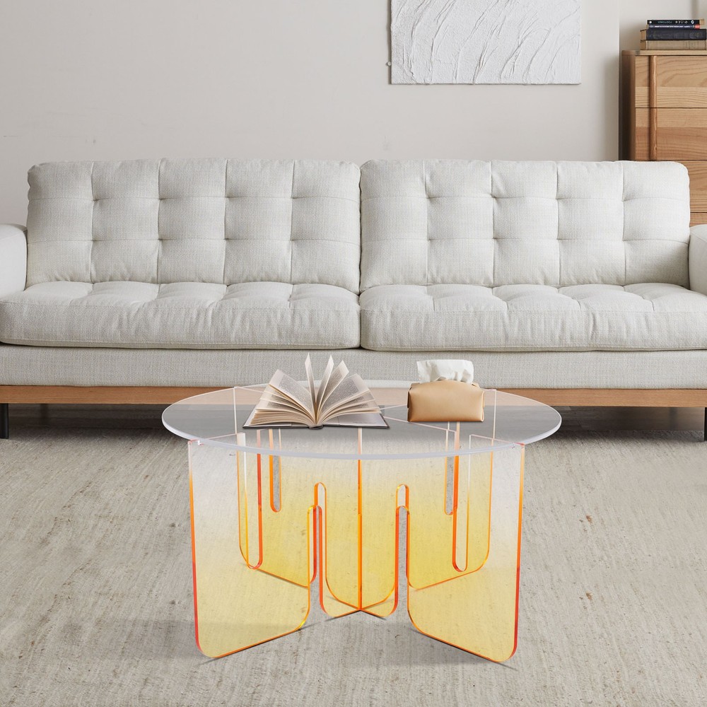 Round Acrylic Coffee Table Gradient Orange Modern Coffee Table with Clear Round
