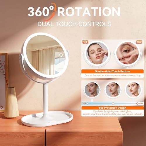Makeup Mirror with Lights, Double Sided 30X/1X Magnifying Mirror with Light,