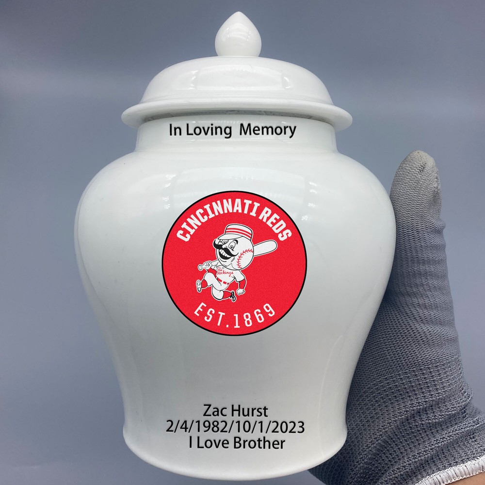Ceramic Medium Urn for Cincinnati Reds Baseball Theme, Custom Text