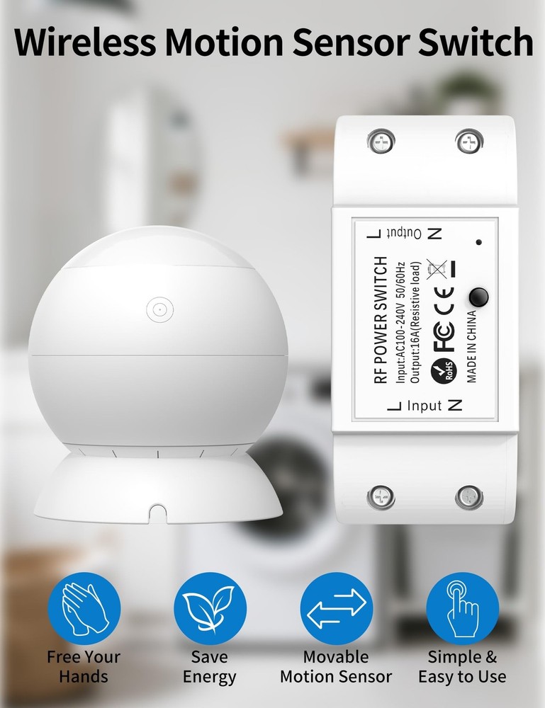 Wireless Motion Sensor Switch Kit with Split Sensor & Switch, PIR Motion Acti...