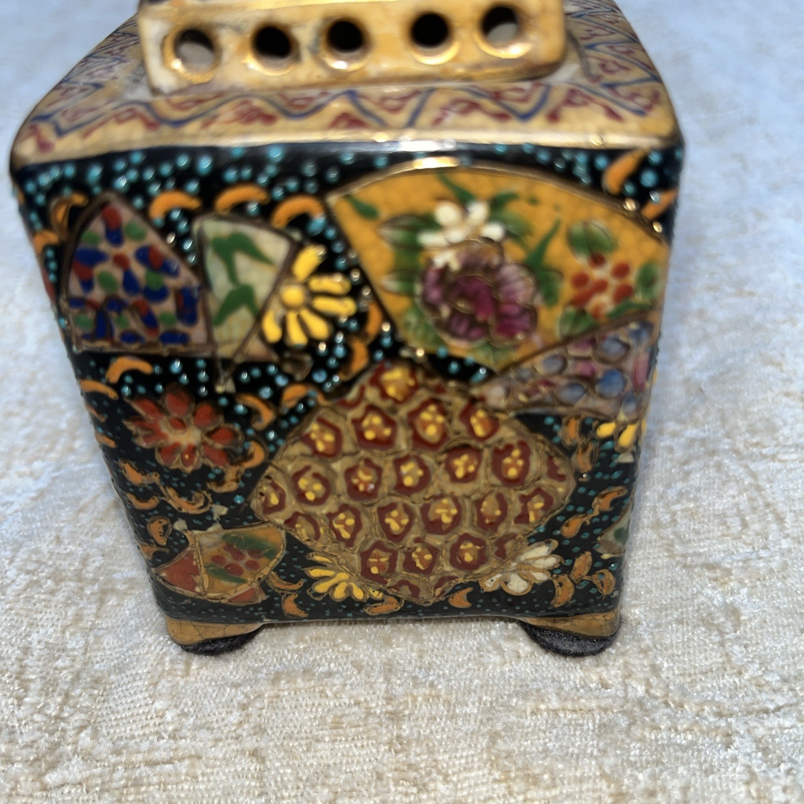 Satsuma Incense Burner Unused Modern Chinese Floral Motif Gift Idea