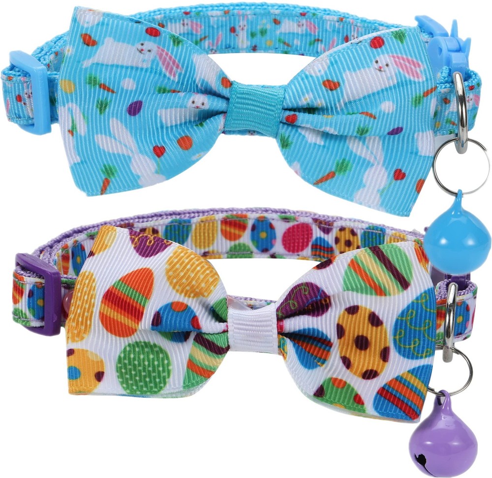 Easter Cat Bow Tie Collar Adjustable Breakaway Collar with Bells, Spring Bowt...