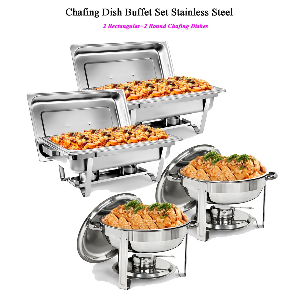 2 Pack 8QT Chafing Dish Buffet Set Rectangular+2 Pack Round Chafers for Catering