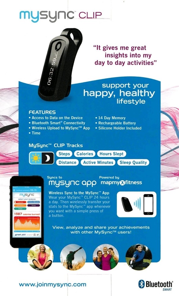 New MySync Clip Wireless Activity Tracker For Smartphones Bluetooth Smart App
