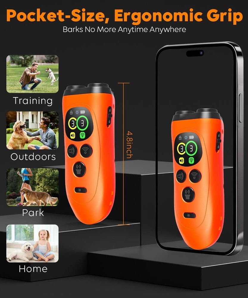 3X Ultrasonic Barking Deterrent Device, LCD Screen, 7 Modes Up to 35 FT Range