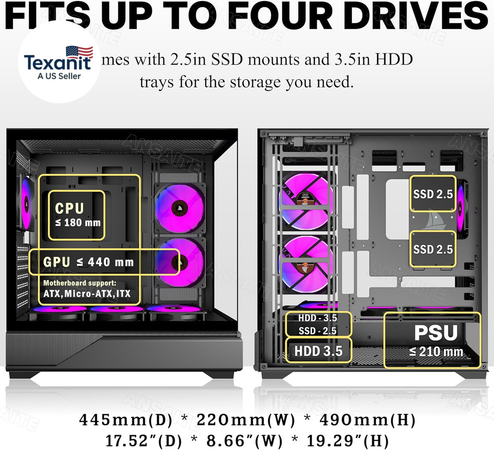 PC CASE 6 PWM ARGB Fans Pre-Installed, Mid-Tower Gaming PC Case, Panoramic Tempe