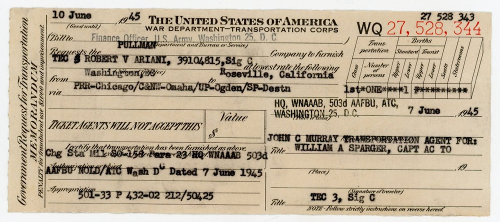 1945 U.S. Army Pullman Train Soldier Ticket Slip #DA