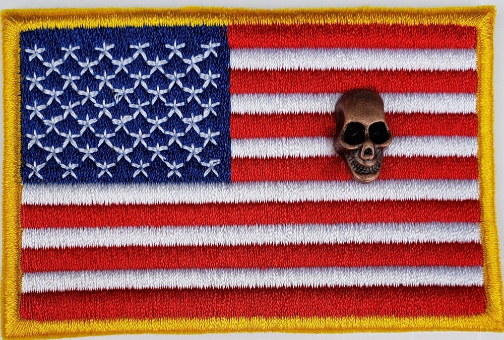 American Flag Skull Patch iron-on GOLD Edges Border