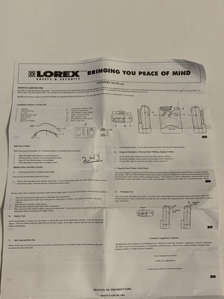 Lorex Handheld Safety & Secrity Bodyguard BG156, Panic (untested)