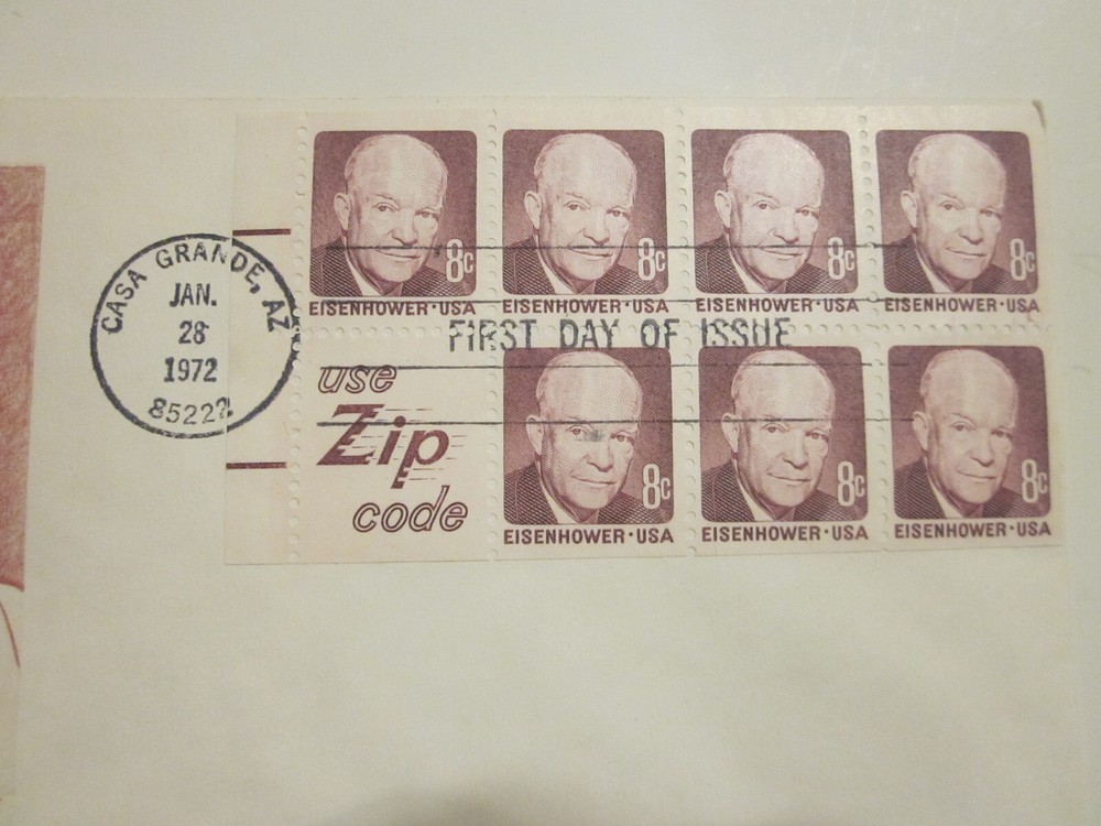 U.S. FIRST DAY COVERS #1395D EISENHOWER PANE OF 7+ ZIP CODE LABEL BAZAAR CACHET