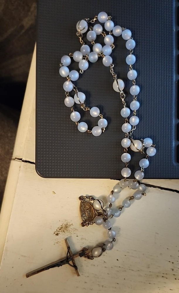 Rosary Necklace Crucifix Pendant Bluish Beads Silver-Tone Cross Religious Italy