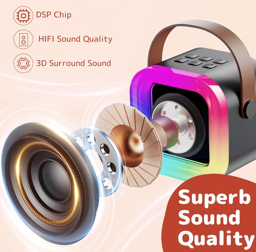 Kids Mini Karaoke Machine Portable Bluetooth Speaker with 2 Wireless Microphones