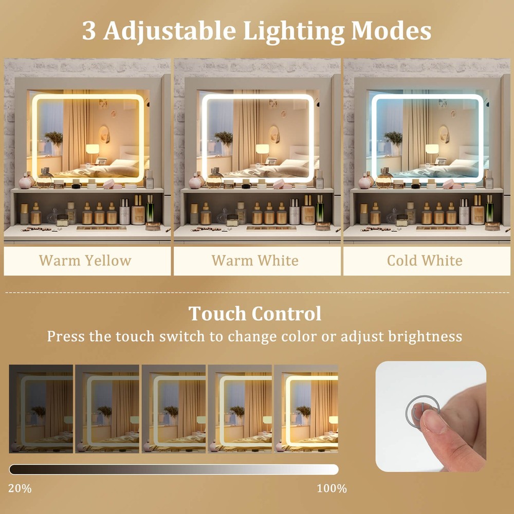 Farmhouse Vanity Set w/Mirror & Lights 3 Lighting Modes & Adjustable Brightness